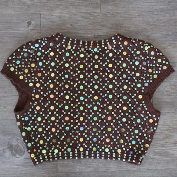 Vintage Y2K Necessary Objects Brown Sequin Knit Cropped Bolero Sweater - Picture 2 of 5